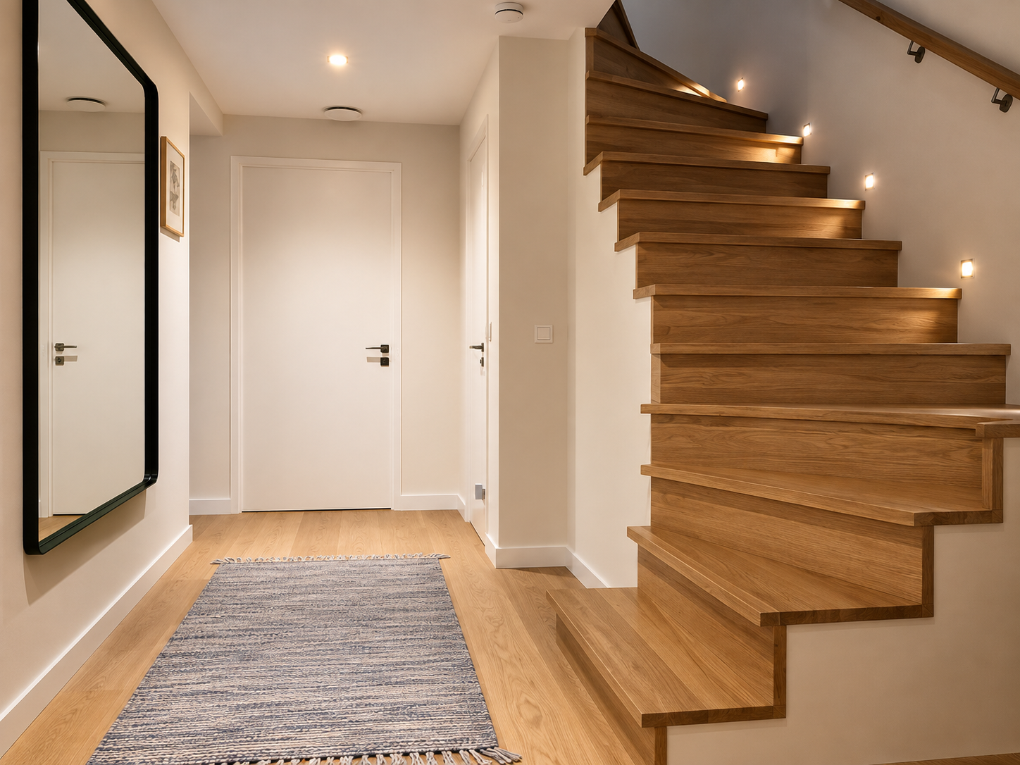 Houten trap met geïntegreerde verlichting na woningrenovatie door Biernat